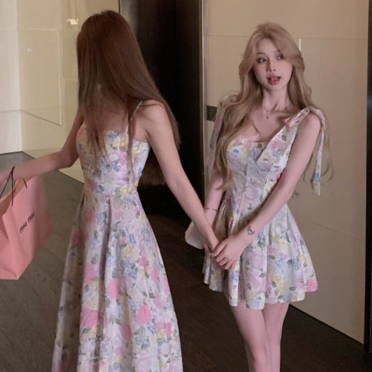 花柄 キャミ ワンピース レディース 韓国 お呼ばれ ノースリーブ ミニワンピ & ロングワンピ リボン スリット ドレスワンピ