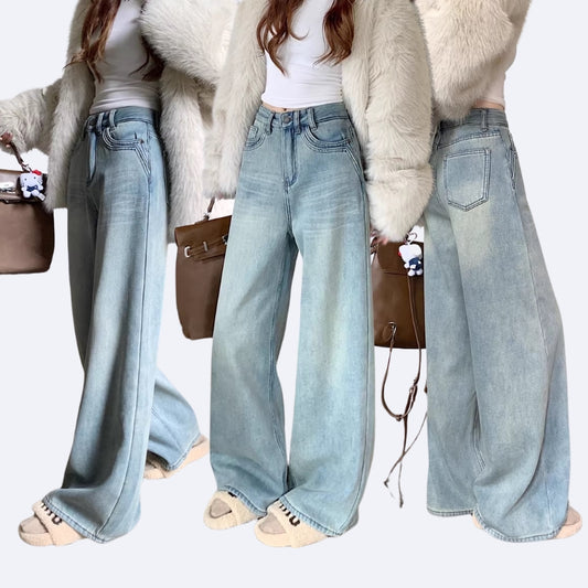 裏起毛 デニムパンツ レディース 冬用 韓国 ファッション ユーズド加工 防寒 パンツ ワイド ストレート 美シルエット デニム