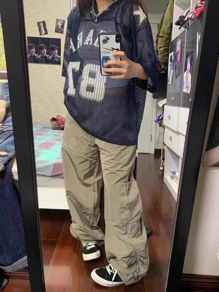 メッシュ Tシャツ レディース 韓国 ファッション オーバーサイズ シースルー 半袖 ゲームTシャツ ナンバーロゴ バックプリント レイヤード ネイビー