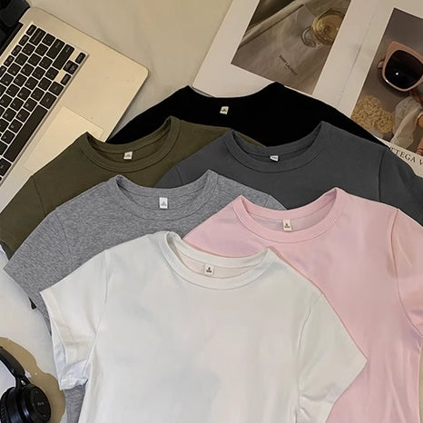 Tシャツ レディース ストレッチ フレンチスリーブ チビT 韓国 ファッション 無地 半袖トップス 夏 シンプル ミニマム タイト