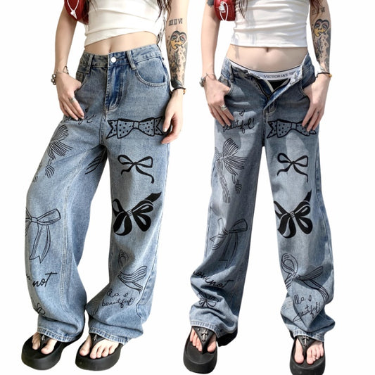 プリント デニムパンツ レディース 韓国 ファッション リボンプリント 総柄 デニム ワイドパンツ