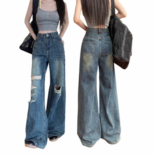 クラッシュ デニム バギーパンツ ダメージ加工 韓国 ファッション レディース フレア デニムパンツ