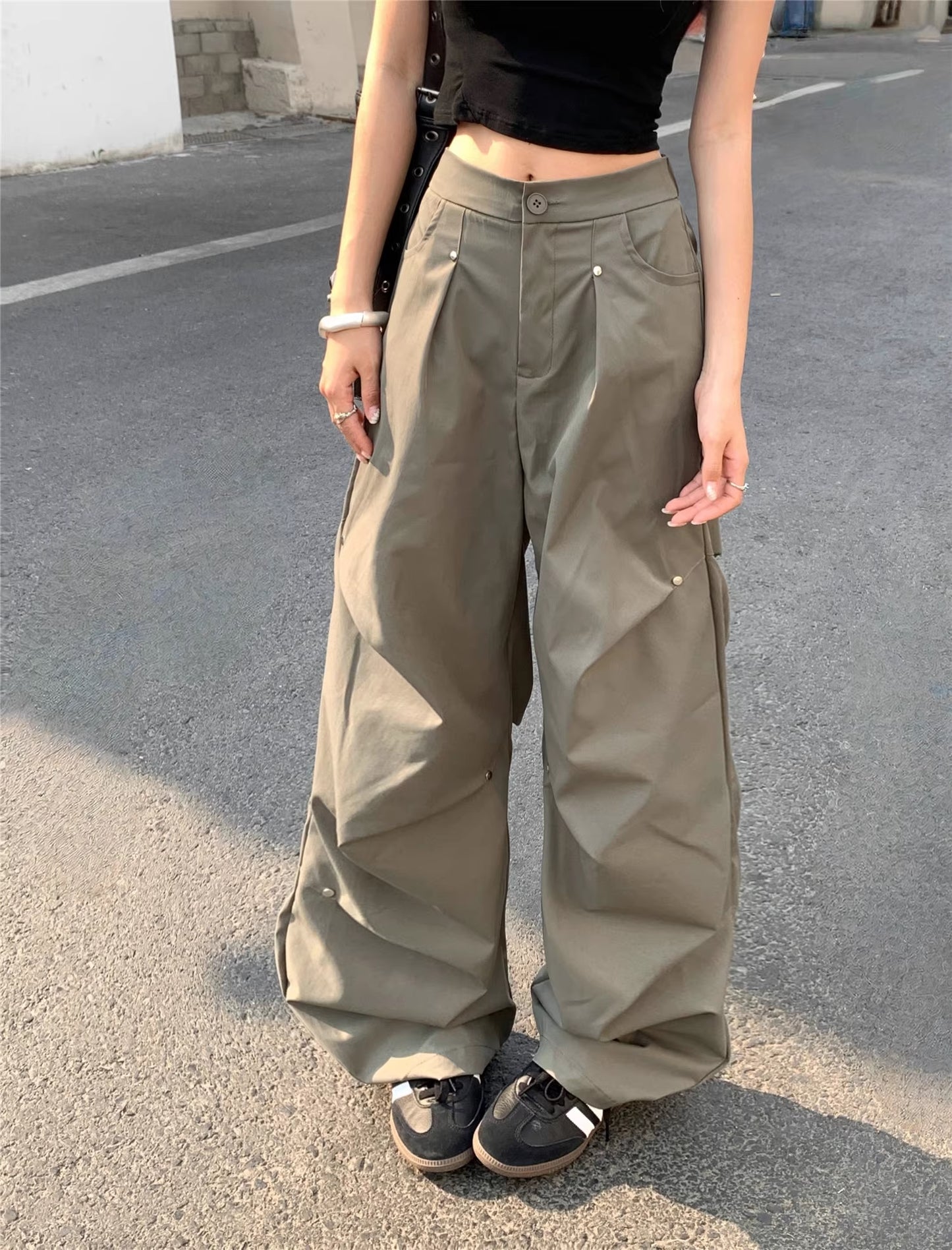 タック ワイドパンツ レディース 韓国 ファッション ボリューム 無地 ミリタリー ワイド カラーパンツ