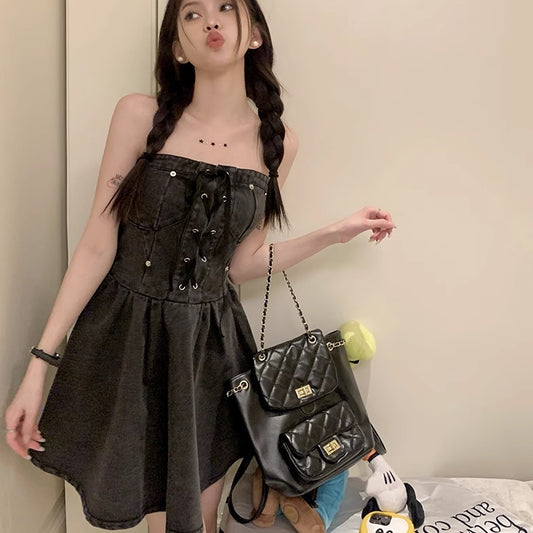 デニム ミニワンピース レディース オフショルダー レースアップ フレア デニムワンピース 韓国 ファッション チューブトップ 肩出し リボン 夏ワンピ