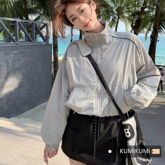 ナイロン ジャケット レディース 夏 ライン ウィンドブレーカー 韓国 ファッション 薄手 軽量 ライン ショート丈