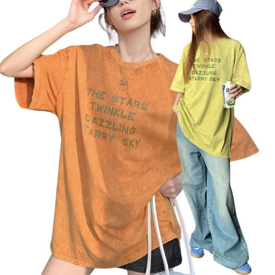 ヴィンテージ加工 ビッグ Tシャツ レディース 韓国 ファッション オーバーサイズ ロゴ ダメージ加工 ロゴ メッセージ T