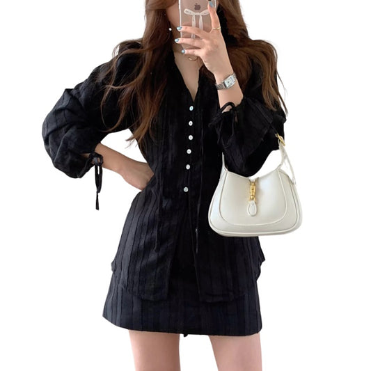 シフォン ブラウス セットアップ レディース ワンピース風 Vネック 長袖 シアー トップス ミニスカートレディース 韓国 ファッション 夏