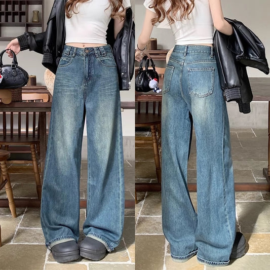 ユーズド加工 デニム パンツ フレア ワイド ジーンズ レディース 韓国 ファッション 秋冬 パンツ