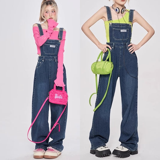 デニム オーバーオール レディース 韓国 ファッション ロゴパッチ ブルーデニム インディゴブルー