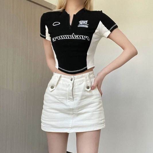 ハーフジップ クロップド Tシャツ レディース 韓国 Y2K ロゴ バイカラー スポーツミックス タイトトップス マイクロ ミニマム T