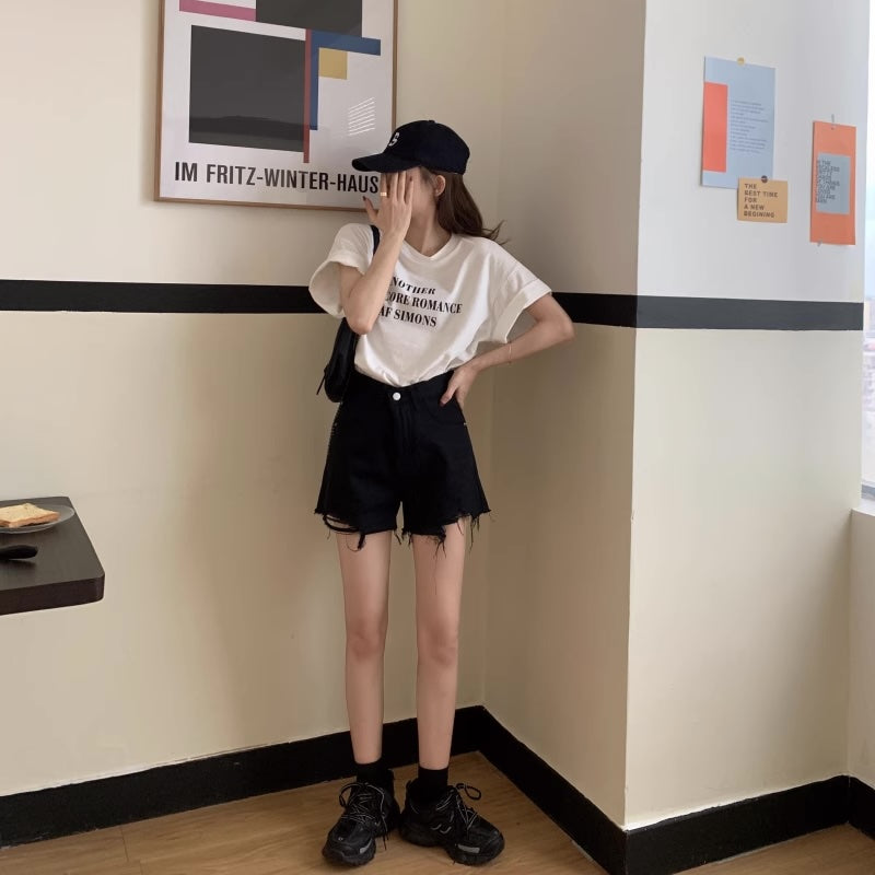 クラッシュ デニム ショートパンツ レディース ヴィンテージ加工 韓国 ファッション 春夏 ブラック ブルー カラーデニム