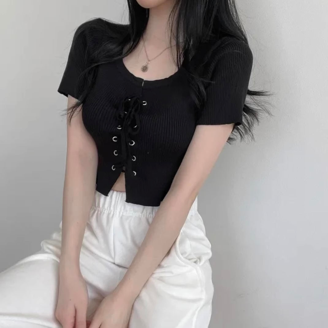 レースアップ 半袖 カットソー レディース 韓国 ファッション 夏 クロップド リブ素材 ストレッチ トップス