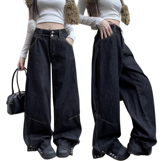 デニム ワイド パンツ レディース 韓国 ファッション 裾リベット ボリューム フレア ジーンズ