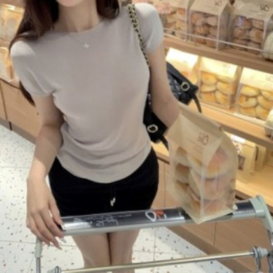 サマー ニット Tシャツ 夏トップス レディース 韓国 パステルカラー 半袖 カットソー タイト ストレッチ ミニマム Y2K