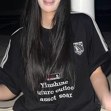 Tシャツ レディース ライン ロゴ ビッグシルエット T 韓国 ファッション スポーティー ストリート