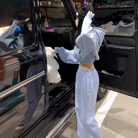 パーカー セットアップ レディース 韓国 ファッション スウェット 上下セット クロップド プルオーバー ワイドパンツ
