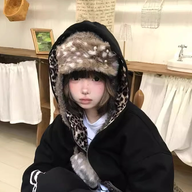 レオパード ジップパーカー レディース 韓国 ファッション 裏地 アニマル ヒョウ柄 ロゴ フード パーカー