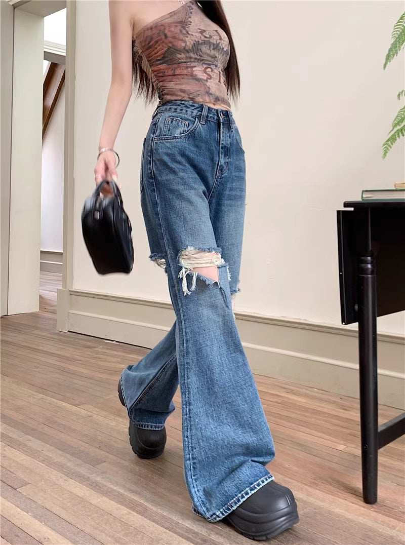 クラッシュ デニムパンツ レディース ダメージ加工 フレア ジーンズ 韓国 ファッション ストリート クラッシュ リップドジーンズ