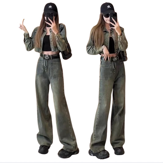 デニム セットアップ レディース 韓国 ファッション ヴィンテージ加工 クロップド デニムジャケット ワイドパンツ 上下セット