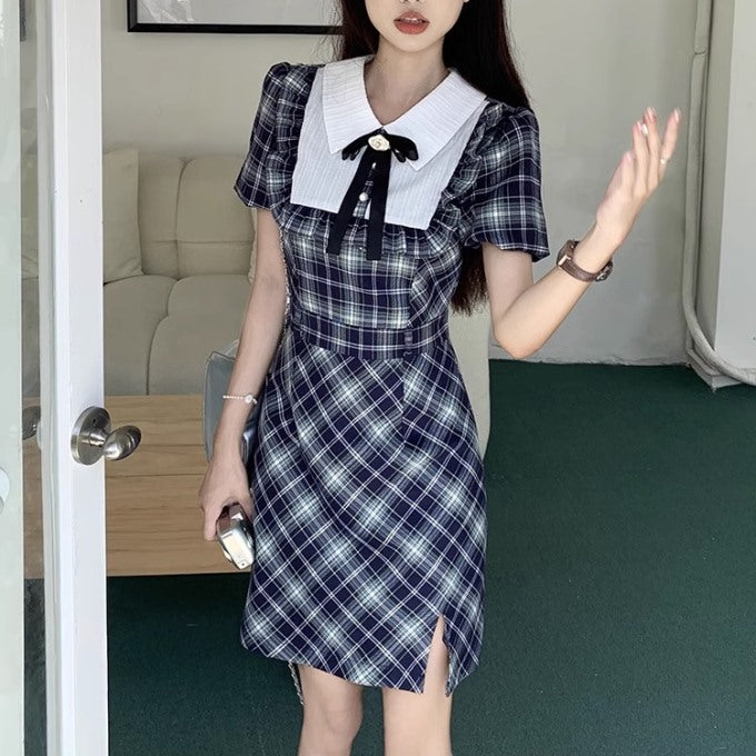 ワンピース レディース 韓国 ファッション チェック ブラウス ボウタイ 切り替え カレッジ ワンピ