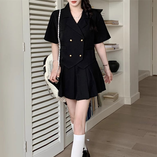 セットアップ レディース ジャケット プリーツスカート 上下セット 半袖ジャケット 夏スーツ ミニスカート