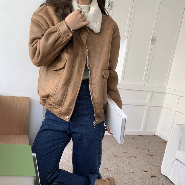 エコレザージャケット ボア襟 レディース 韓国 ファッション メンズライク ライダース ジップジャケット ライダース ブルゾン 冬アウター