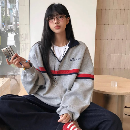 ポロ襟 レトロ スウェット トレーナー レディース 韓国 ファッション カラー ライン オーバーサイズ スキッパー スウェットシャツ