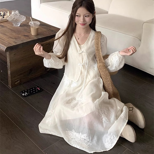 チャイナドレス ワンピース セット レディース 韓国 ファッション キャミワンピース ボレロ 2点セット 刺繍 白ドレス