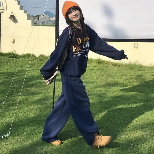 スウェット セットアップ レディース 韓国 ファッション ネイビー ロゴ プリント トレーナー ワイドパンツ 上下セット