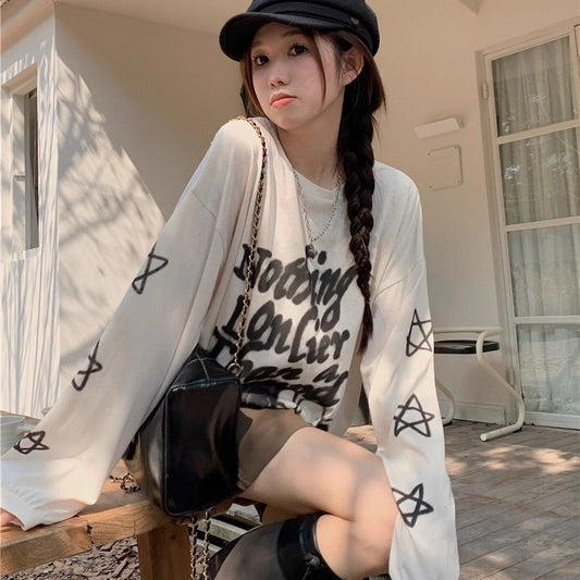 グラフィック ロングTシャツ セットアップ レディース 韓国 ファッション Tシャツ ショートパンツ コーディネートセット 星 スター 長袖 ロンT メッセージロゴ フレアパンツ ハーフパンツ