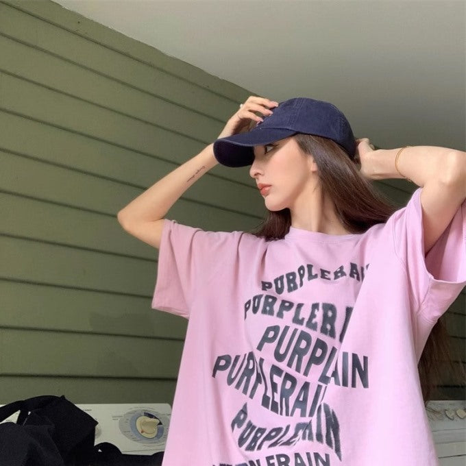 グラフィック Tシャツ レディース 韓国 ファッション メッセージ ロゴ プリント ピンク ビッグシルエット オーバーサイズ 夏 トップス