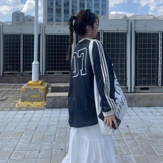 ユニフォーム ロンT レディース 韓国 ファッション オーバーサイズ Vネック サイドライン ナンバーロゴ バックプリント ストライプ ゲームシャツ ロゴT