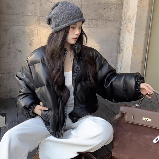 エコレザー 中綿 ジャケット レディース 韓国 ファッション ショート丈 フェイクレザー ジャケット