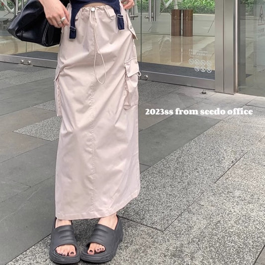 カーゴスカート ロング 韓国 ファッション レディース ナイロン ミニタリー ナロースカート