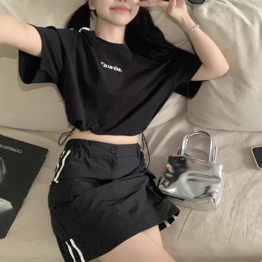 セットアップ レディース サイドライン スポーツ クロップドtシャツ ミニスカート 上下セット 韓国 ファッション