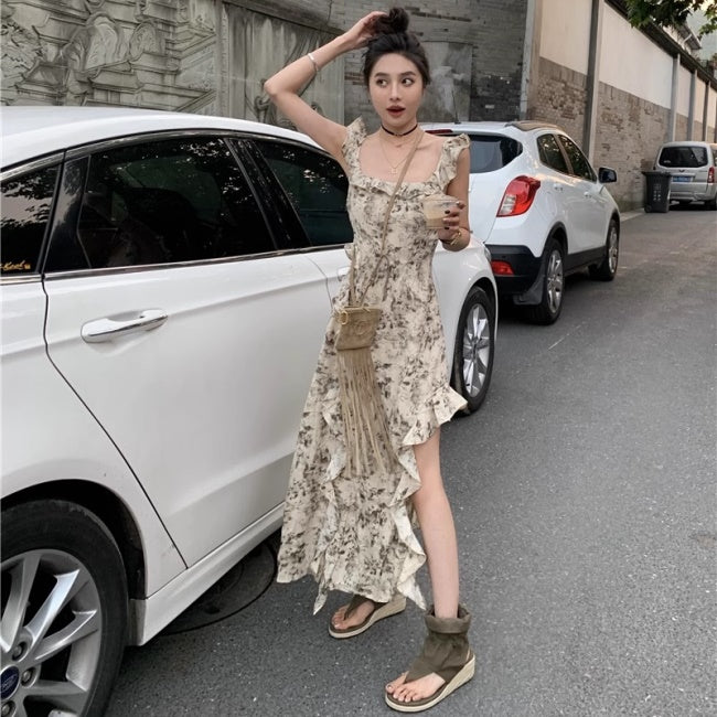 花柄 ワンピース フリル ノースリーブ ロングワンピース 韓国 ファッション ラッフル 柄ワンピース キャミワンピ