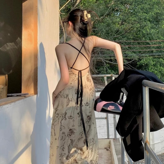 背中見せ ワンピース 韓国 ファッション ノースリーブ ロングワンピ ボタニカル 花柄 キャミワンピース 肌見せ Aライン ロングフレア