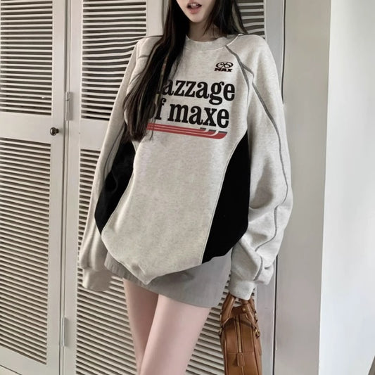 ロゴ トレーナー レディース 韓国 ファッション バイカラー オーバーサイズ スウェット トップス
