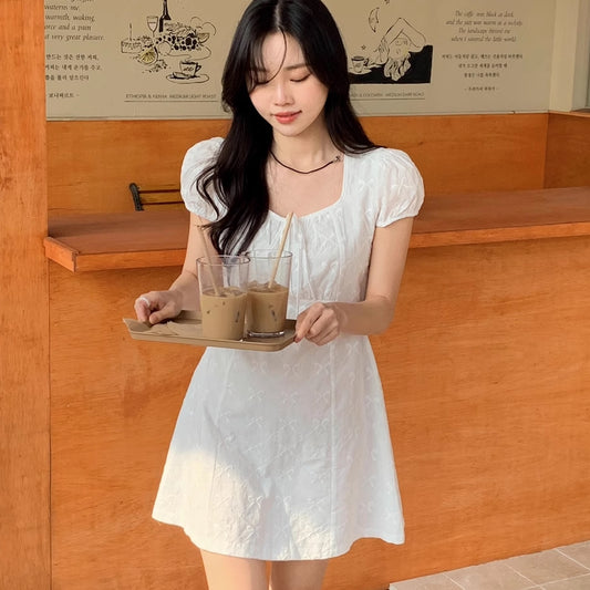 パフショルダー 半袖 ミニワンピース レディース 韓国 ファッション Aライン スカート スクエアネック パフスリーブ 夏ワンピ