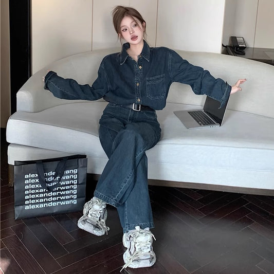 デニムセットアップ レディース 韓国 ファッション ダンガリーシャツ デニムパンツ パッチ デニムオンデニム 2点上下セット