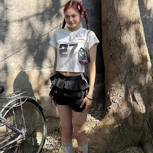 Tシャツ レディース ショート クロップド丈 Vネック T ロゴ ナンバーミニマム トップス 韓国 ファッション ストリート