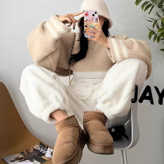 パイル生地 ボアパンツ レディース 韓国 ファッション ワイドパンツ フリーサイズ 防寒 フリース ボアパンツ