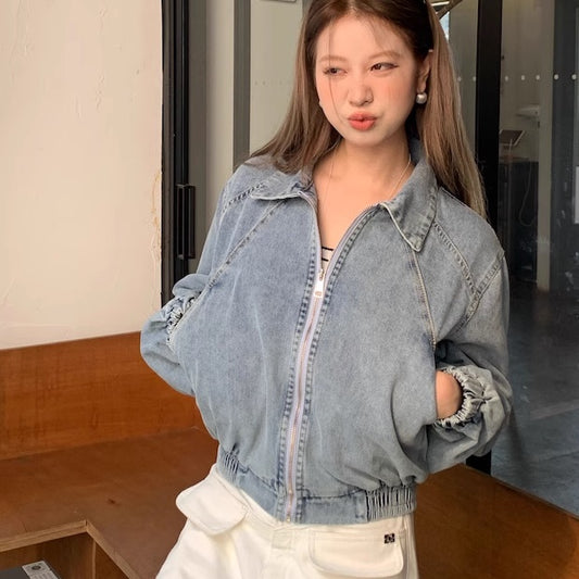 デニムジャケット レディース 韓国 ファッションジップアップ デニム ブルゾン ネイビーブルー ライトブルー