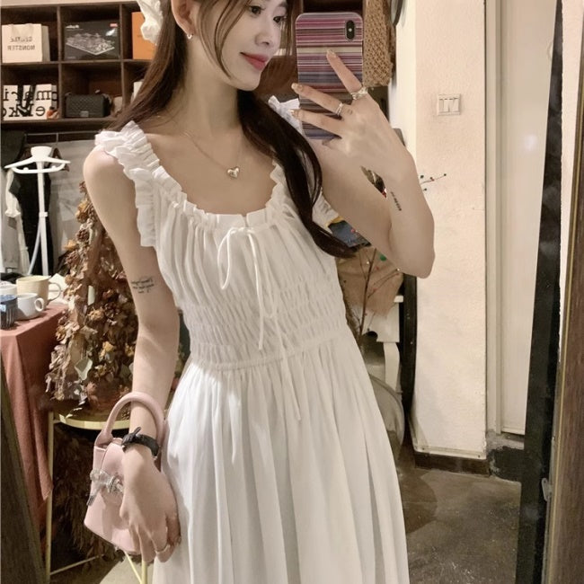 夏 ロングワンピース 韓国 フリル ギャザー デコルテ リボン ノースリーブ ワンピース