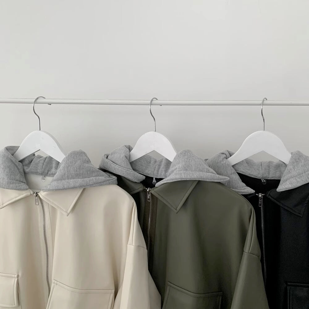 フェイクレザー ジャケット ブルゾン レディース スウェットパーカー ドッキング 韓国 ファッション エコレザー オーバーサイズ ジャケット