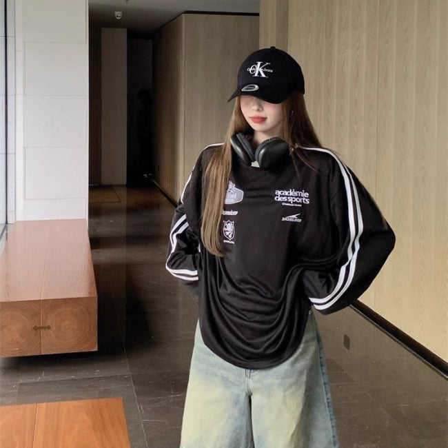 サイドライン ロンT レディース 韓国 ファッション スポーティ Tシャツ メンズライク オーバーサイズ T