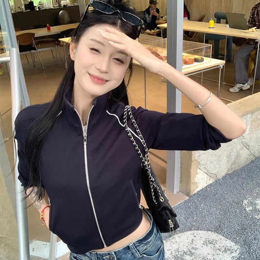 クロップド タイト トラックジャケット ジャージ レディース 韓国 ファッション 7分袖 ラグランスリーブ ネイビー ストレッチ ジップアップ トップス