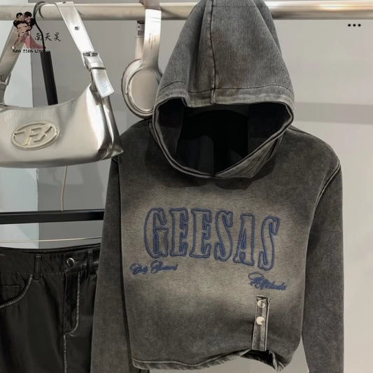 ウォッシュド ロゴ パーカー プルオーバ― レディース 韓国 ファッション クロップド 刺繍 ロゴ ヴィンテージ加工 フォーディー