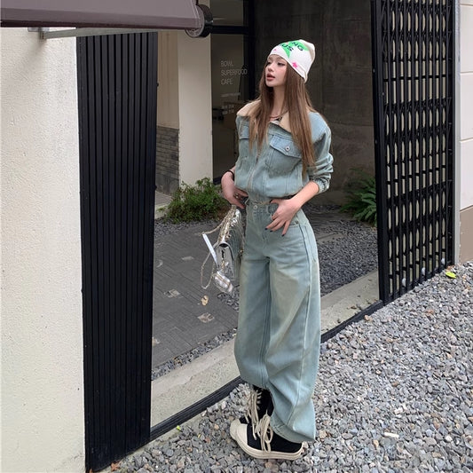 デニム セットアップ レディース ユーズド加工 ブルゾン デニムパンツ 上下セット 韓国 ファッション 冬 クロップド 襟ボア デニムジャケット ワイドパンツ