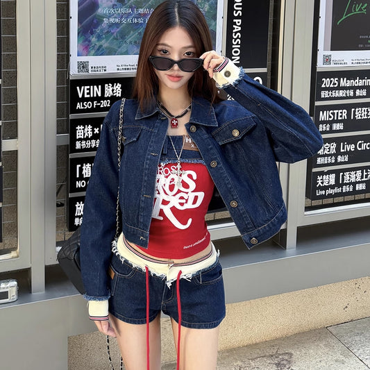 デニム セットアップ レディース 韓国 ファッション 3点セット チューブトップ ショートパンツ デニムジャケット リメイク風 ロゴ デニム 上下セット